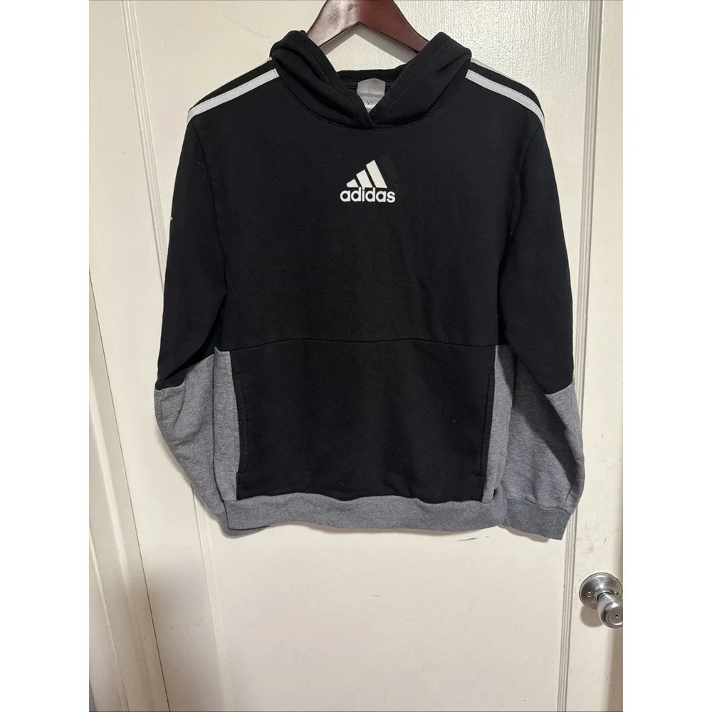 Adidas Boys Pullover Hoodie Black Gray White Fleece Size XL 18/20